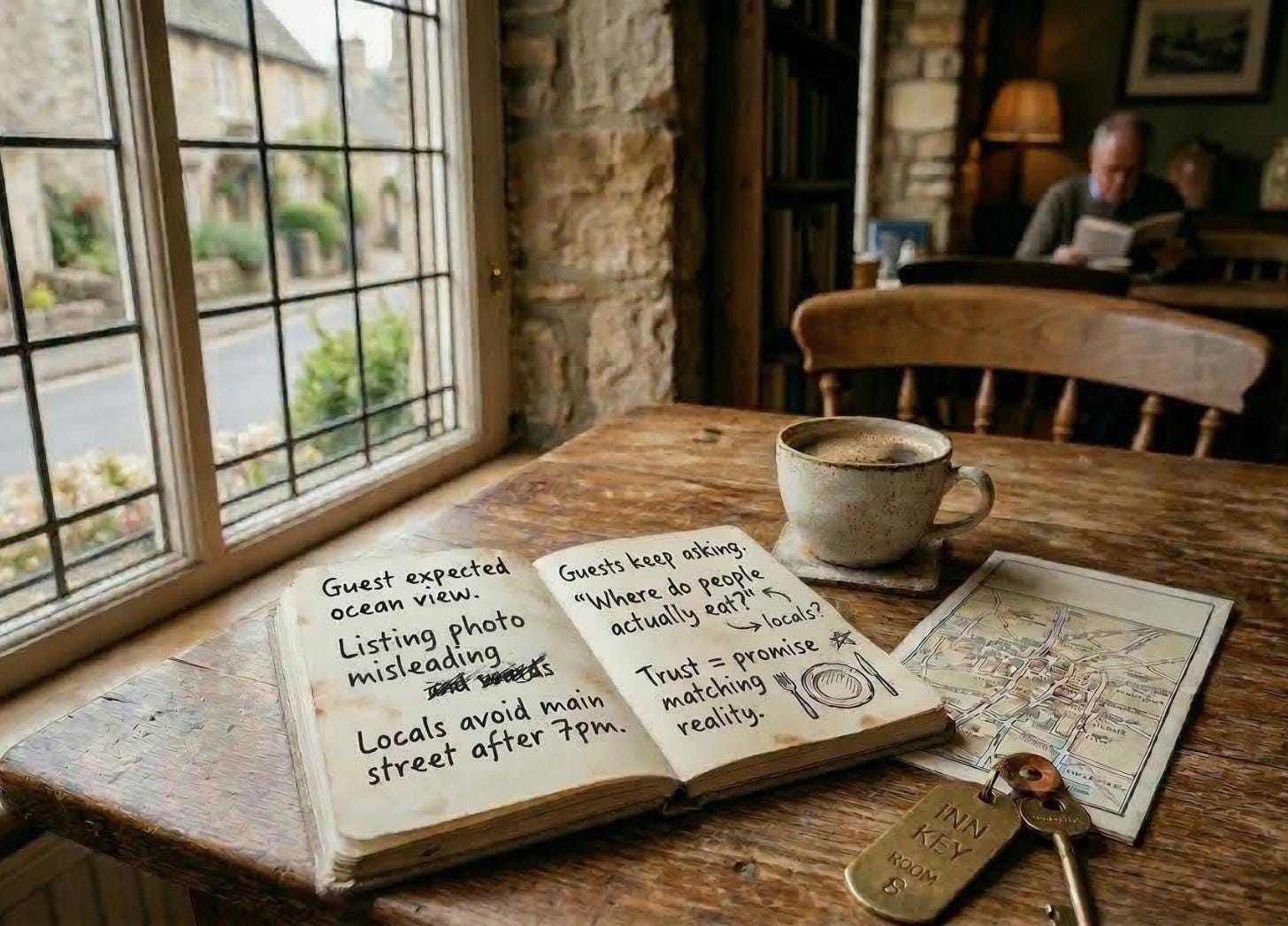 A notebook with handwritten observations about hospitality and tourism sits on a wooden café table beside a coffee cup, map, and inn room key. The notes reference guest expectations, misleading listings, local behavior, and the idea that trust forms when a place delivers what it promises.