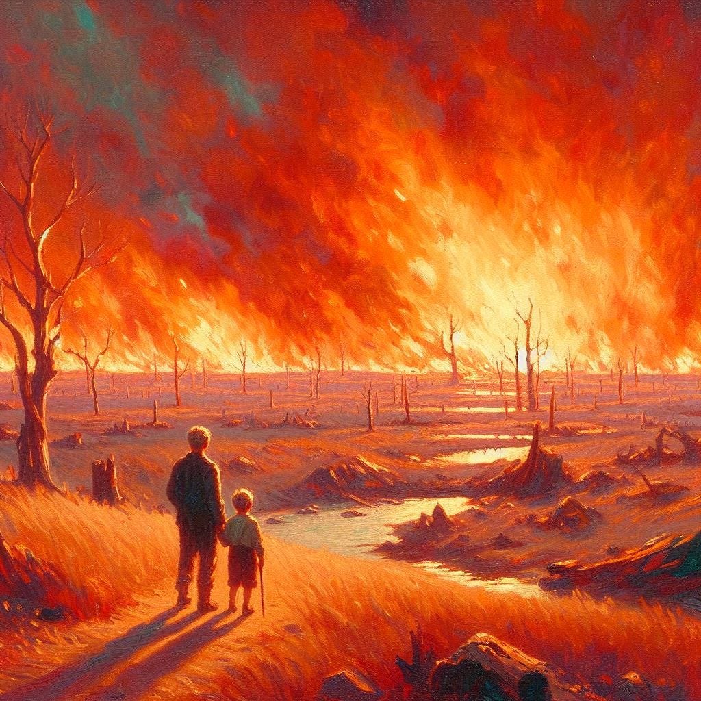One day, son, all of this will be yours. A burning wasteland. Slight impressionist style.