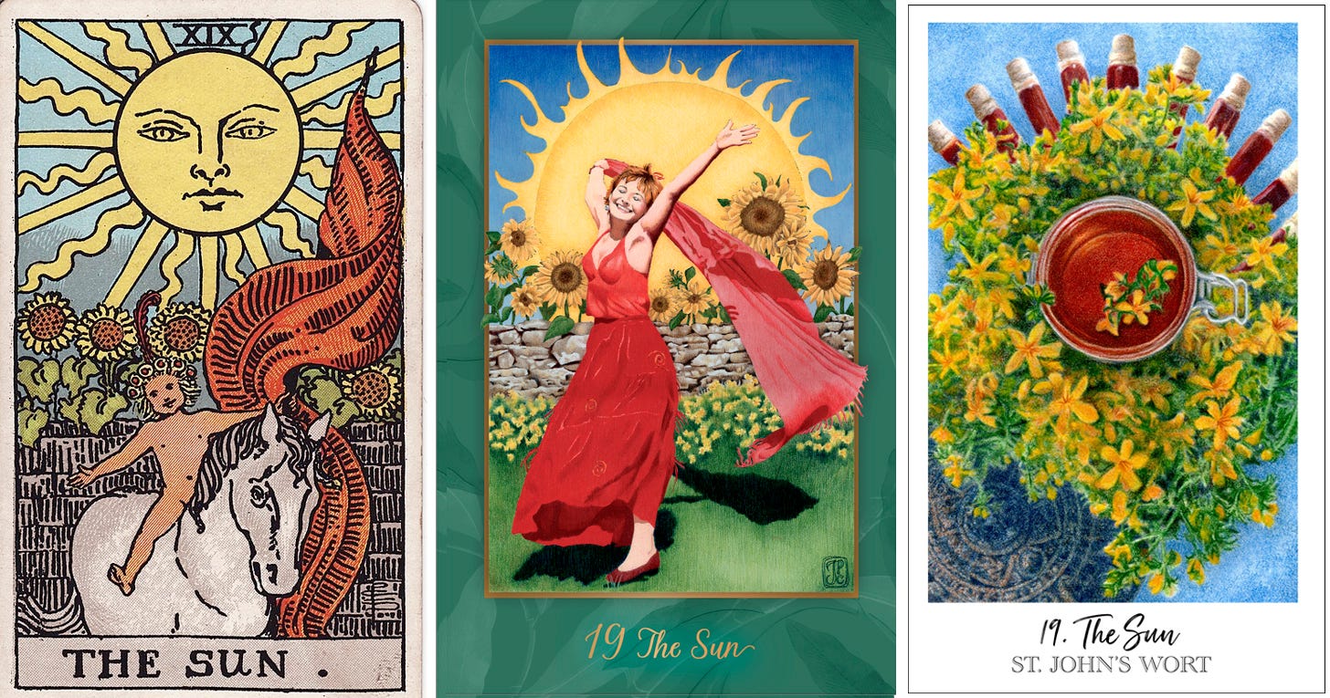 The Sun, Rider-Waite-Smith deck; The Sun, Gaian Tarot; St. John’s Wort / The Sun, Herbcrafter’s Tarot.