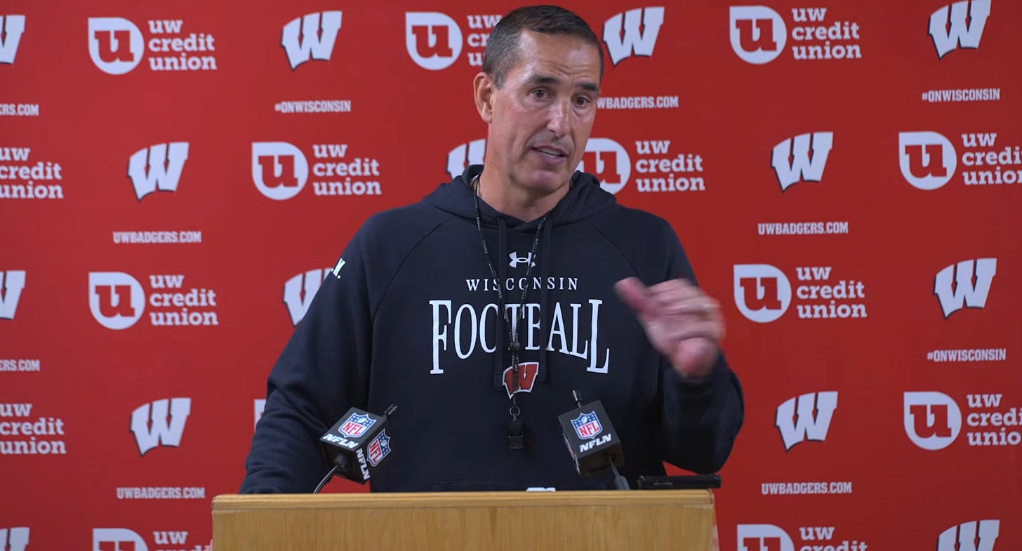 Wisconsin Badgers head coach Luke Fickell speaks at the podium following a loss to Notre Dame. Wisconsin Badgers head coach Luke Fickell speaks at the podium following a loss to Notre Dame.