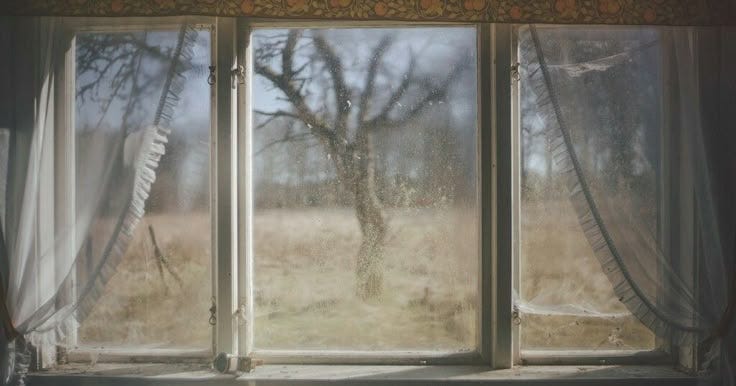 This may contain: an open window with curtains in front of it and a tree outside the windowsill