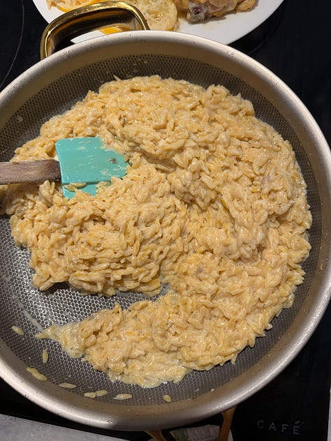 Step-by-step photos for making creamy lemon Boursin chicken and orzo