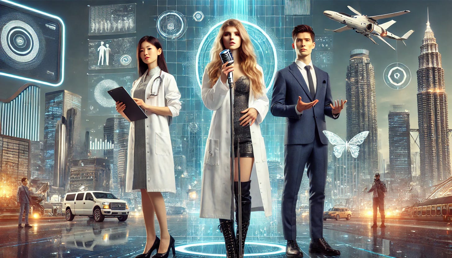 An image of a female scientist, a singer, and an office worker standing alongside each other in a futuristic environment.