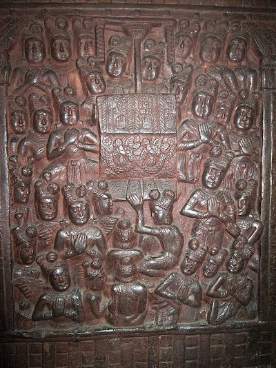 Ajatashatru verehrt den Buddha. Relief von Bharhut-Stupa, Indisches Museum, Kalkutta, West-Bengalen