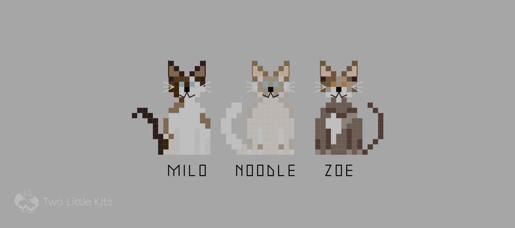 A digital representation of a cross-stitch pattern, depicting three cats with their names underneath them: Milo, Noodle and Zoe.