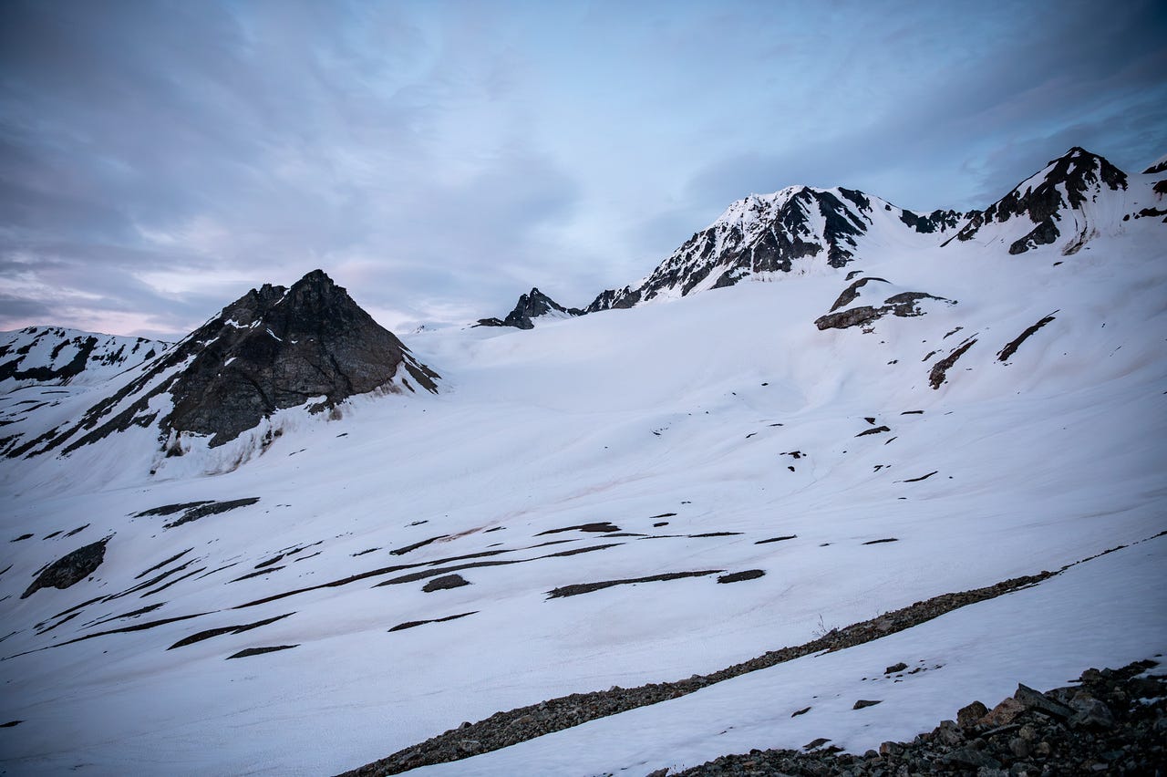 A snow-filled alpine basin in the pale blue light of an Alaska summer night. Smooth snowfields sweep up toward a dark pyramid of rock at left and a broad snow-covered summit at right, with thin bands of exposed scree breaking the white lower slopes. High cloud streaks a dusky sky tinged faintly pink near the horizon. No trace of people anywhere in the frame.