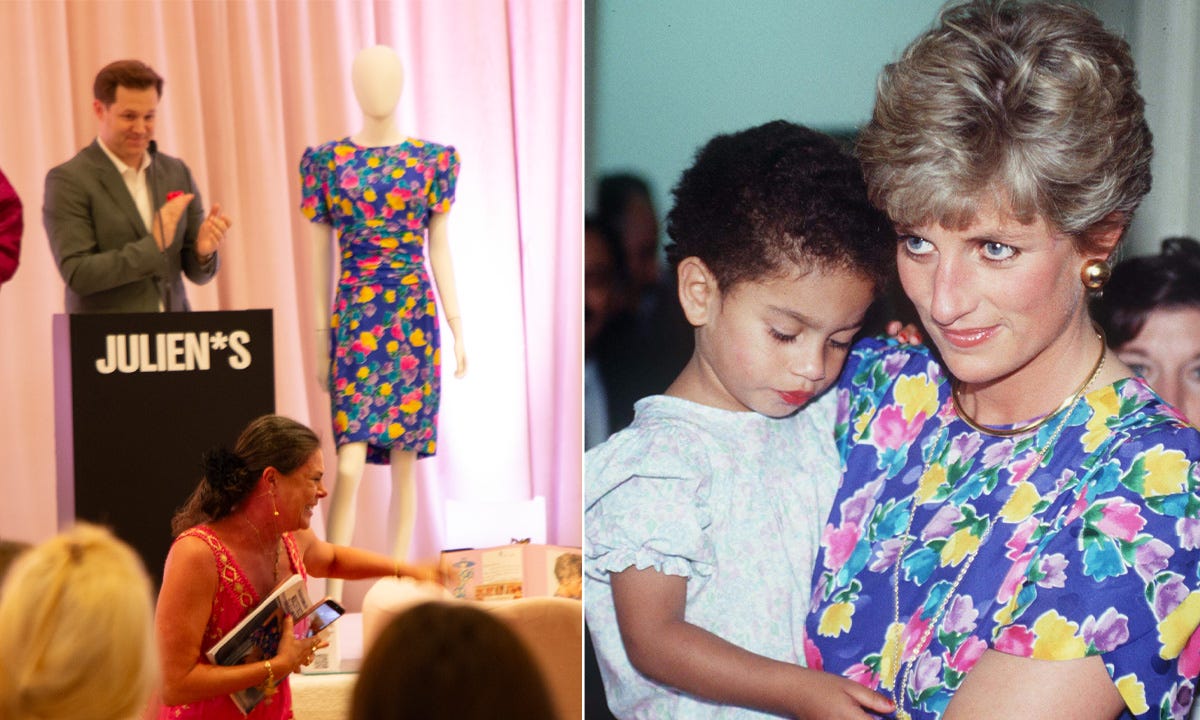 Composite image of Diana's dress at an auction and Diana wearing the dress