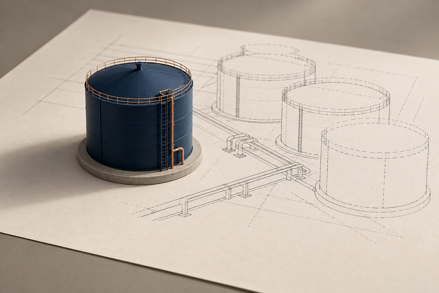 Conceptual illustration of a navy storage-tank model beside an outlined expansion plan on cream paper. Conceptual illustration of a navy storage-tank model beside an outlined expansion plan on cream paper.