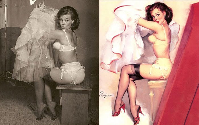 A real woman's playful pose, captured in a photograph, is masterfully reimagined into a classic Gil Elvgren pin-up, showcasing his signature style and vibrant artistry. A real woman's playful pose, captured in a photograph, is masterfully reimagined into a classic Gil Elvgren pin-up, showcasing his signature style and vibrant artistry.