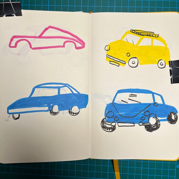 Photos des dessins de véhicules réalisés dans mon sketchbooks. Sur la dernière photo on voit également le brush pen et les marqueurs que j'ai utilisés.