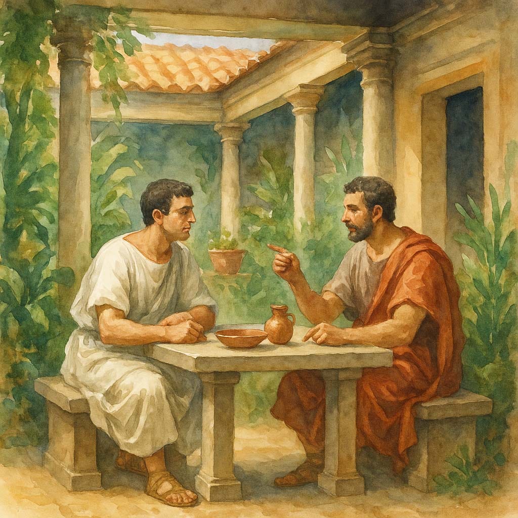Decorative image created by ChatGPT showing two Roman men sitting at a table in an atrium Decorative image created by ChatGPT showing two Roman men sitting at a table in an atrium