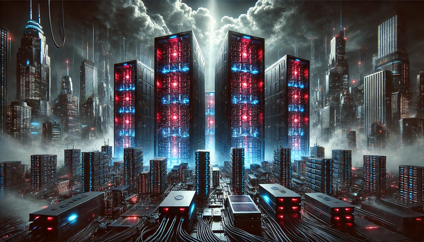Multiple ominous computer mainframes with glowing red and blue lights, positioned in the foreground of a futuristic city skyline. The towering servers exude an eerie presence, surrounded by cables and technological components. The cityscape in the background is filled with high-tech skyscrapers, some illuminated by neon lights, while others are shrouded in darkness. Above, dramatic storm clouds churn, casting deep shadows and creating an intense, foreboding atmosphere. The scene has a cyberpunk aesthetic, evoking mystery and power.