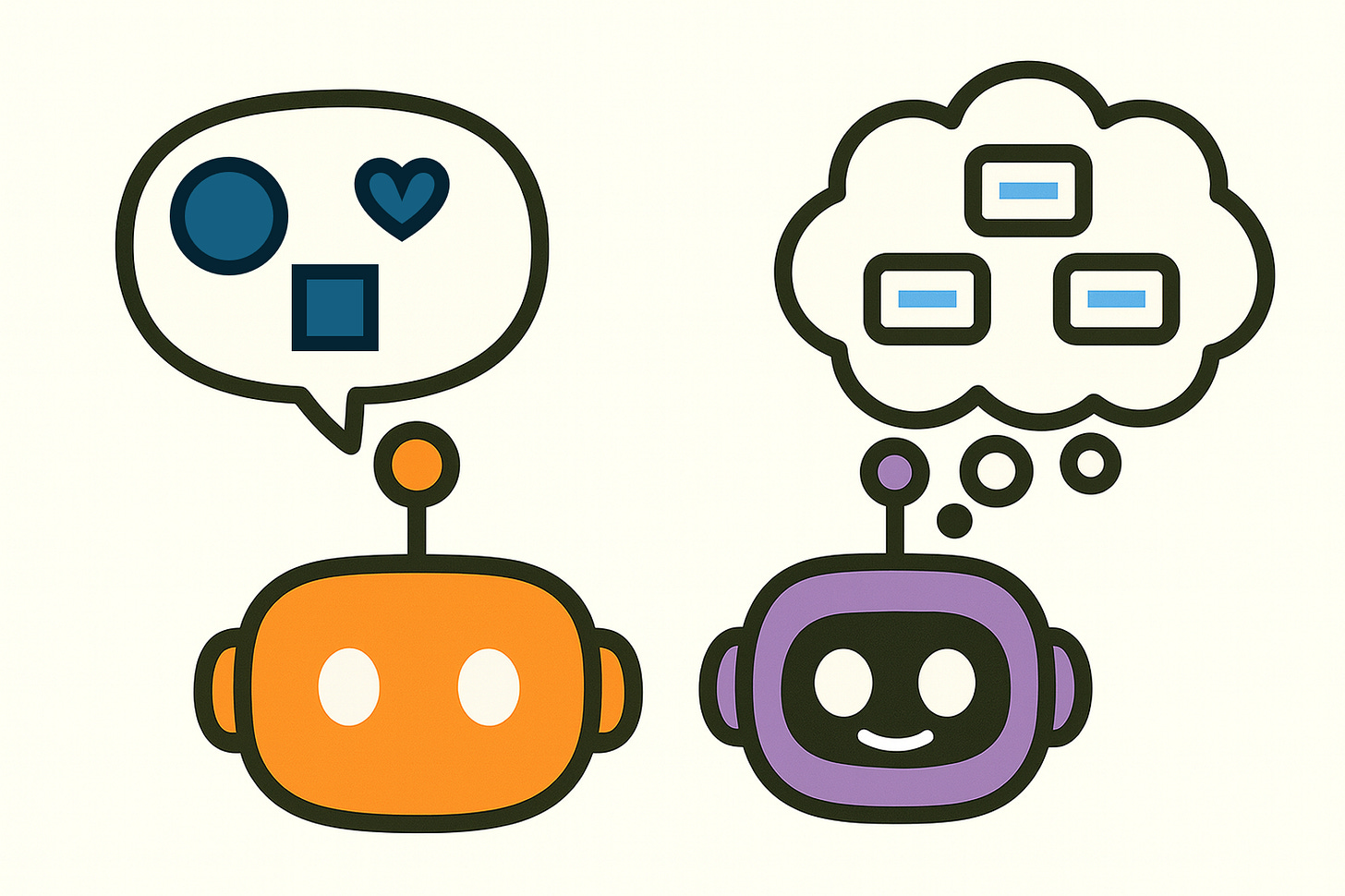 Illustration of two cartoon bots. One has a speech bubble with shapes inside, the other has a thought bubble with rectangles