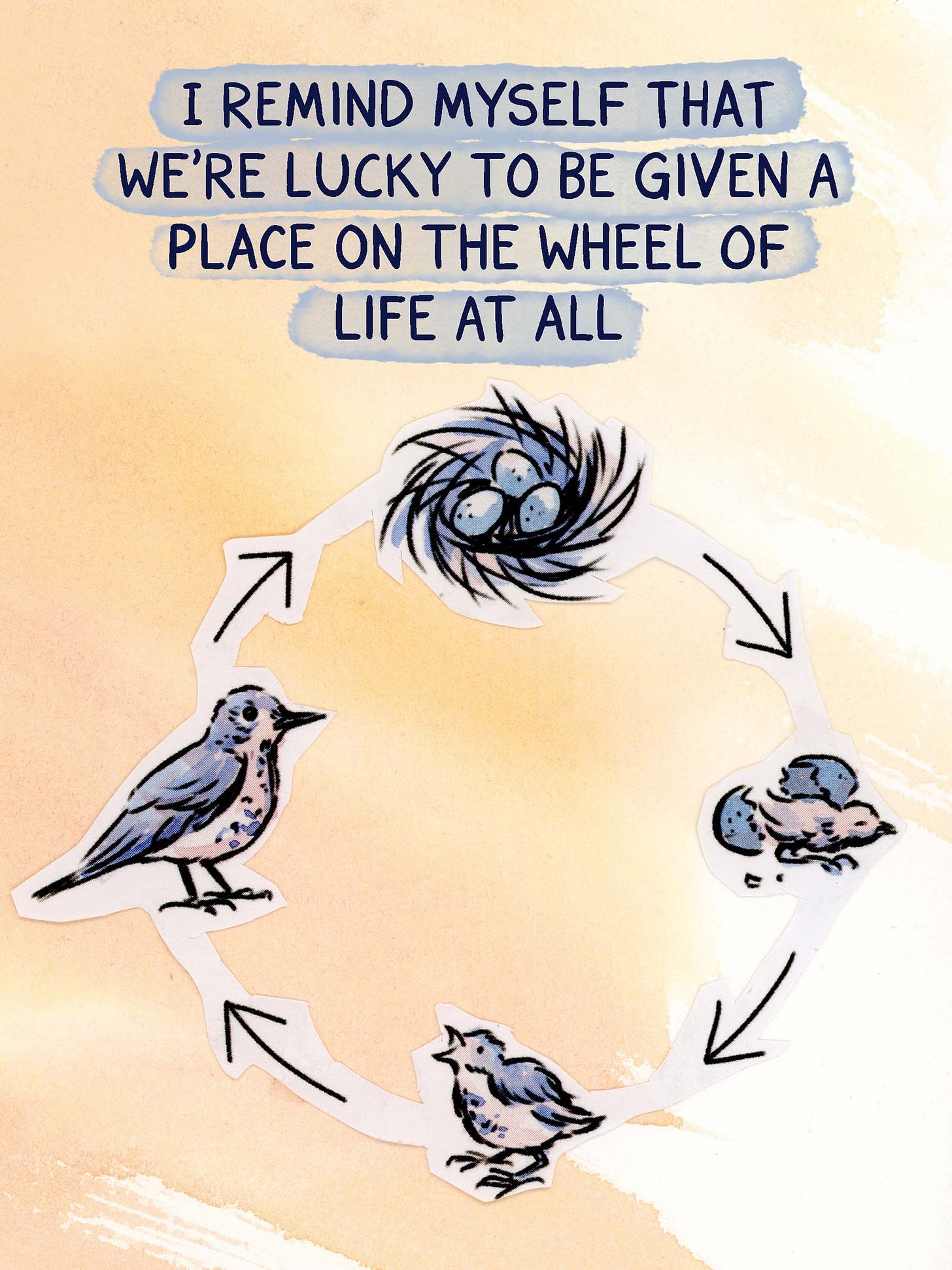 Watercolor comic page by graphic novelist K. Woodman-Maynard that reads: “I remind myself that we’re lucky to be given a place on the wheel of life at all.