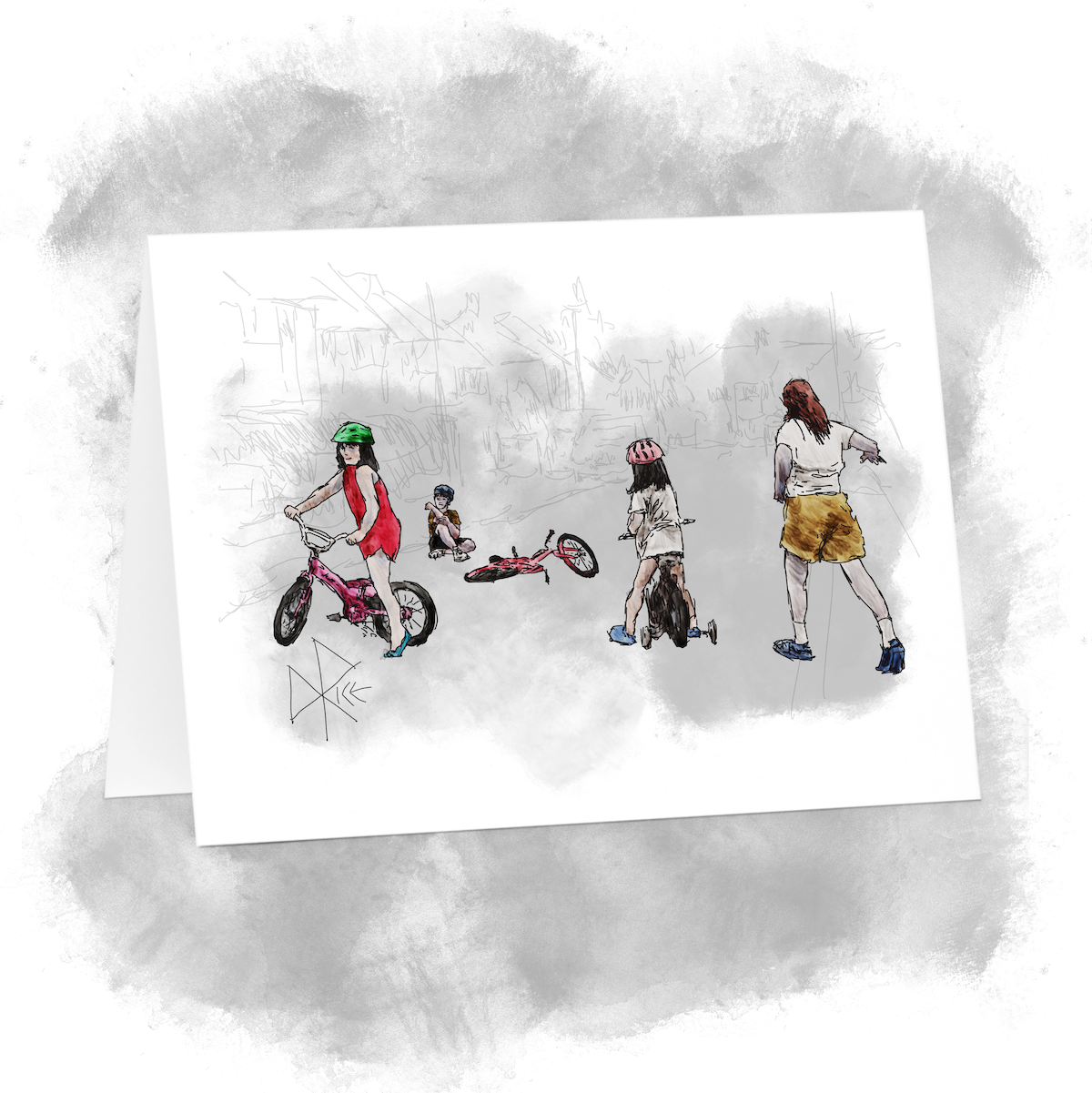 Three children ride bikes in a suburb, but one has crashed and he sits on the road holding his elbow. An adult runs in to see if all is well. Sketch art by Don Rice. Three children ride bikes in a suburb, but one has crashed and he sits on the road holding his elbow. An adult runs in to see if all is well. Sketch art by Don Rice.
