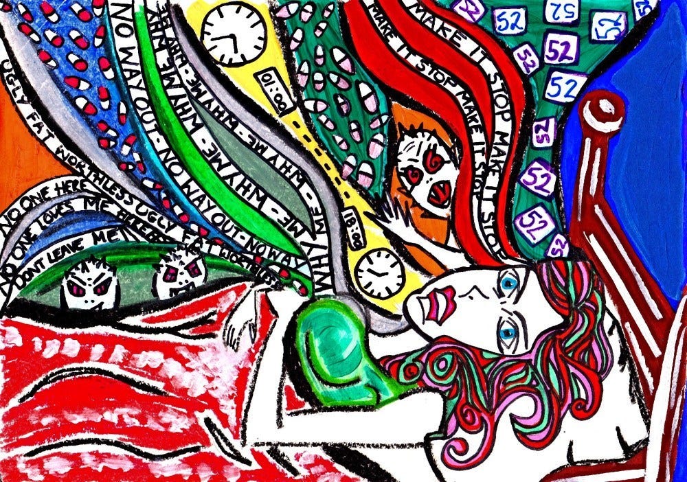 Vivid art of a frightened, supine woman with lines of words: no way out, why me - don't leave me - make it stop and clocks