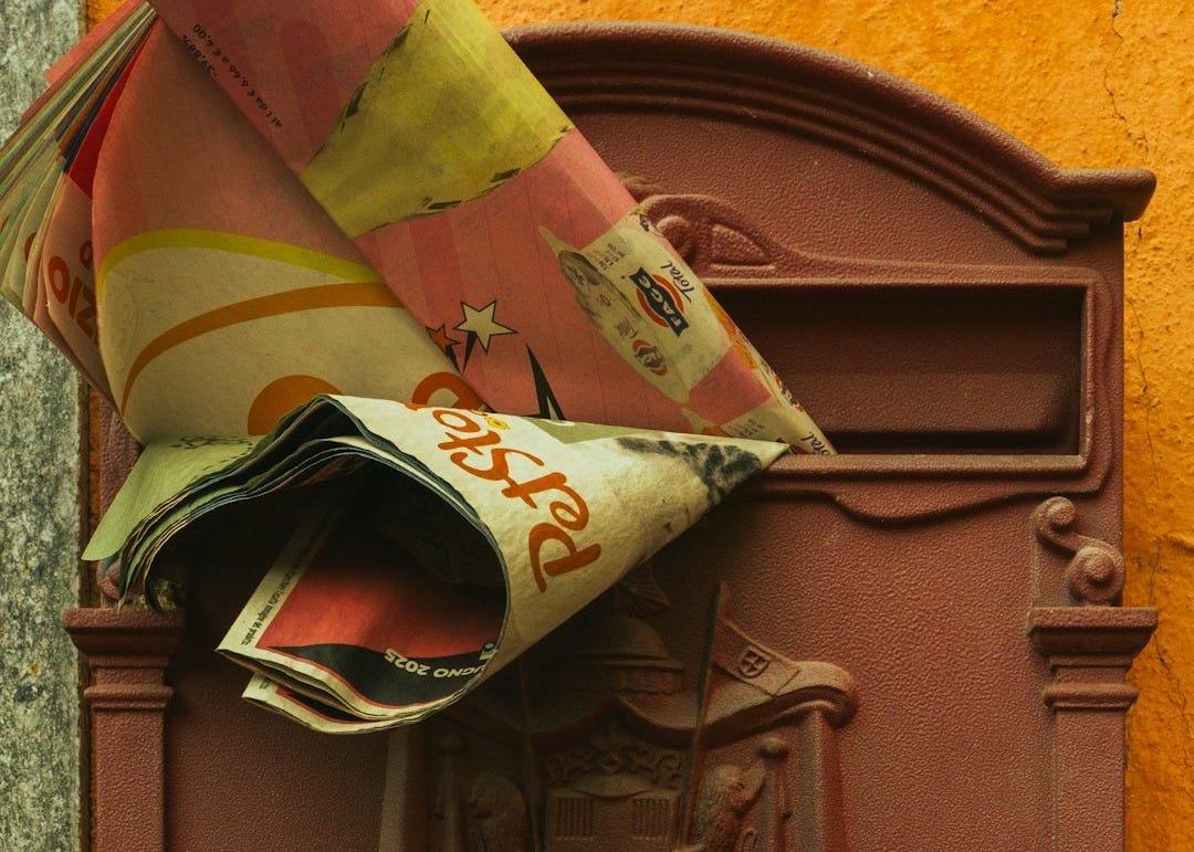 Newspapers overflowing a classic mailbox. Newspapers overflowing a classic mailbox.