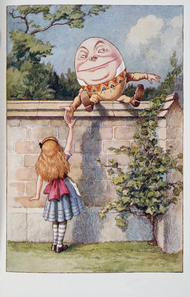 Humpty Dumpty, az Alices Adventures In Wonderland And Through The Looking- Glass And What Alice Found There című könyvből, Lewis Carroll (1832 - 98),  megjelent 1911-ben (színes litográfia).