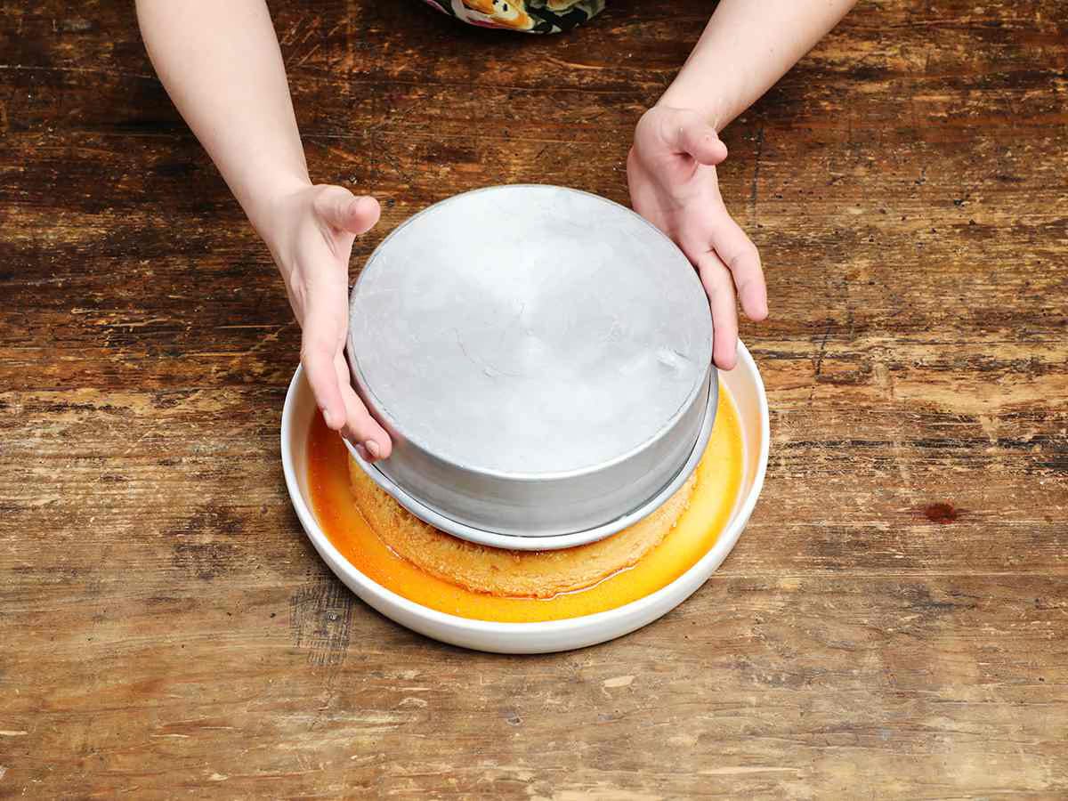 plating flan on serving dish plating flan on serving dish