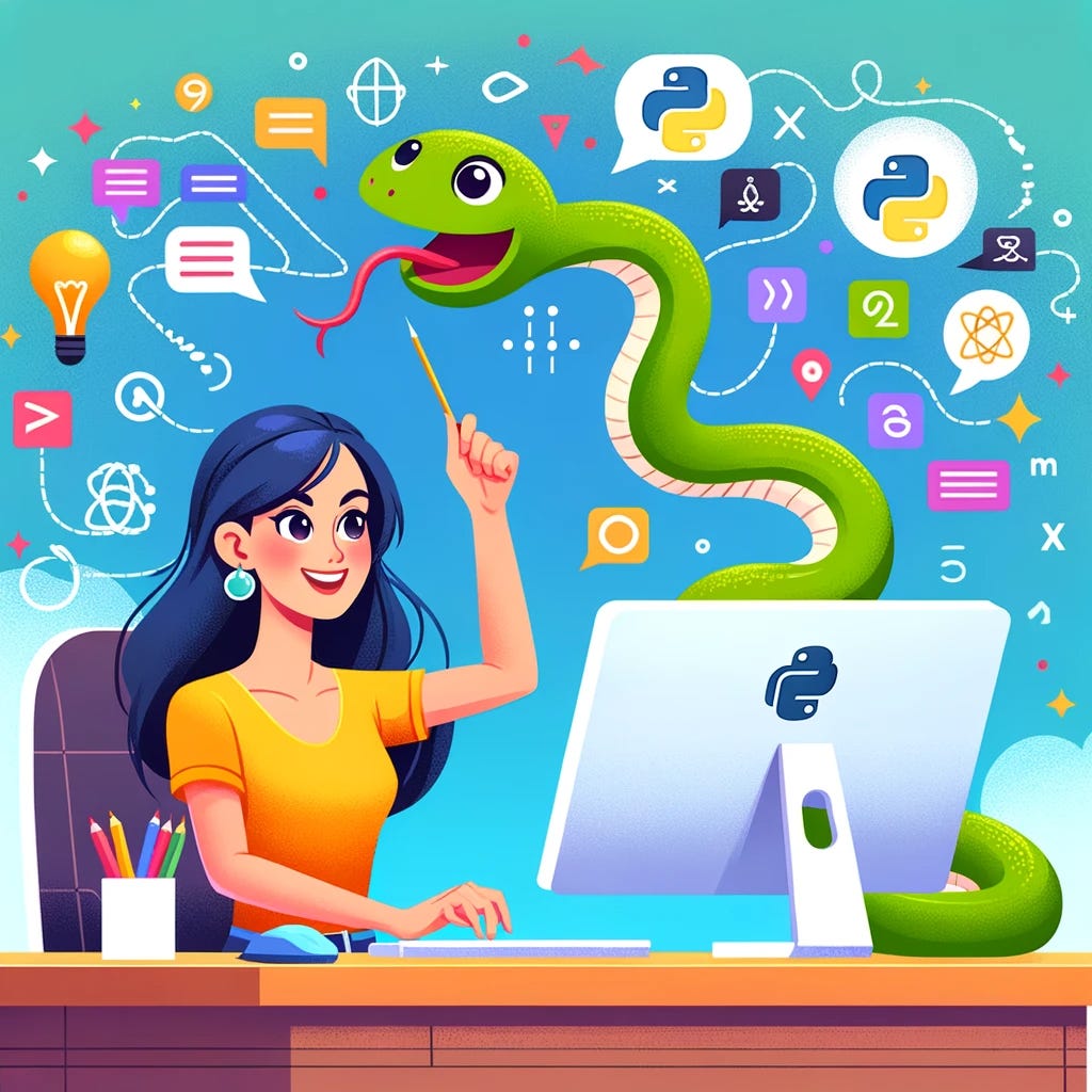 An engaging illustration of a woman at a computer desk, focused on learning Python programming. A cartoon-style friendly snake, representing the Python language, whimsically emerges from her computer screen, intertwined with coding symbols. The scene is set in a bright, modern tech environment, symbolizing contemporary learning and skill development.