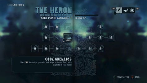 Screenshot of the Far Cry 3 skill tree menu titled “The Shark,” showing a branching grid of locked and unlocked abilities focused on assault takedowns and healing. One skill point is available, the “Takedown” skill is highlighted with a skull icon, and controller button prompts appear along the edges of the screen against a blue-green jungle-themed background.