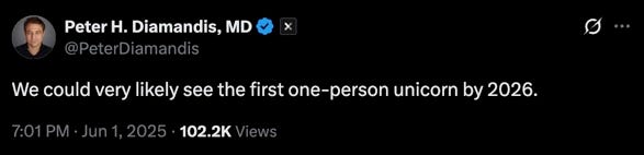 Peter H. Diamandis, MD: "We could very likely see the first one-person unicorn by 2026." X message