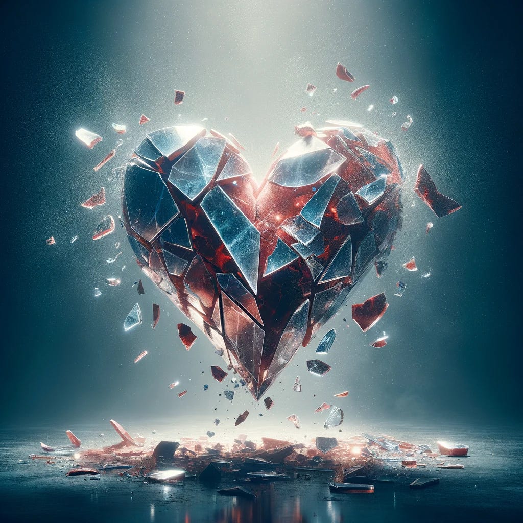 Create a powerful and symbolic image that captures the essence of infidelity. The scene should depict a shattered heart, symbolizing the broken trust and emotional damage caused by betrayal. The heart is not just cracked, but broken into pieces, with each fragment reflecting a different aspect of the pain and complexity of infidelity. Some pieces are transparent, representing the invisibility and secrecy of deceit, while others are shadowed, indicating the depth of the hurt and sadness. The background should be minimalistic, focusing the viewer's attention on the heart and its fragments. This visual metaphor aims to convey the emotional turmoil and devastation that infidelity brings to relationships, highlighting the fragility of trust and the impact of its breach.