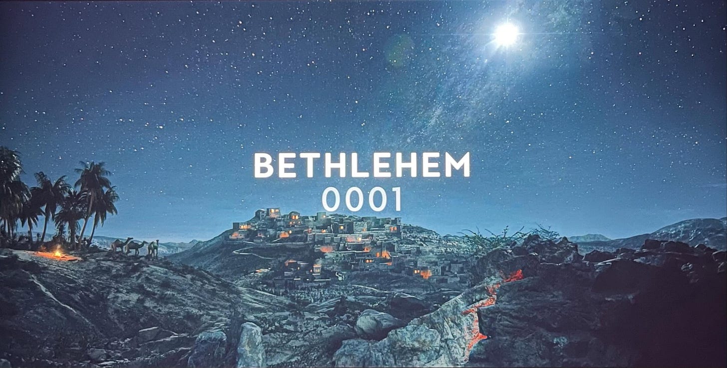 Bethlehem, year 0001, in Doctor Who, with the famous Star shining above. Bethlehem, year 0001, in Doctor Who, with the famous Star shining above.
