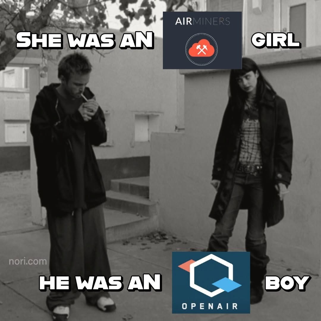 Black and white Breaking Bad still of Jesse and Jane outside. Text: "She was an" beside the AirMiners logo, "girl"; "He was an" beside the OpenAir logo, "boy".