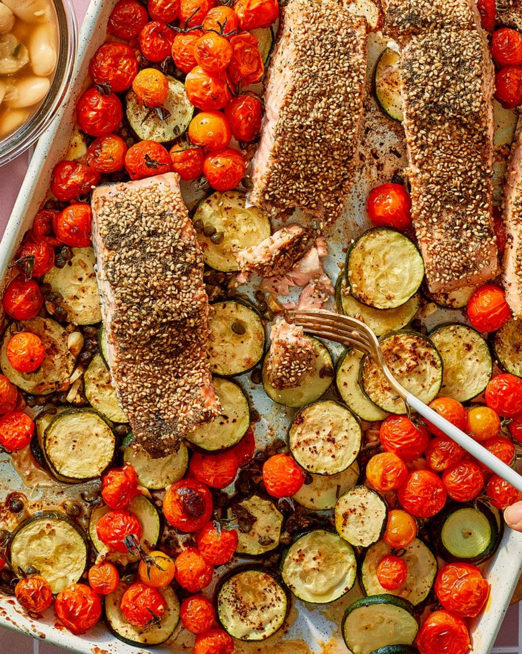 Sheet Pan Za'atar Crusted Salmon Bake - by Violet Witchel