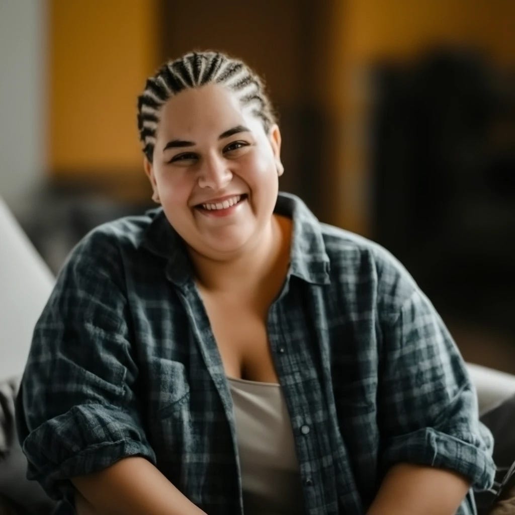 Chubby white woman lesbian with cornrolled hair wearing flannel shirt