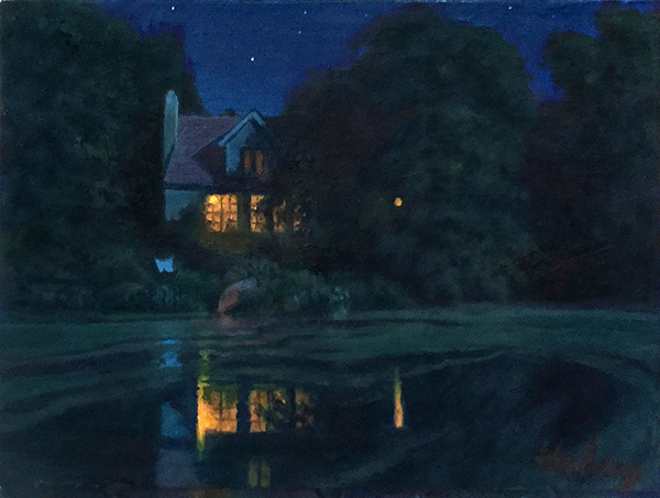 oil painting nocturne of house by a pond by John Hulsey