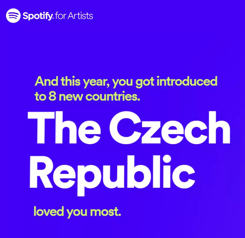 Arum's Spotify Wrapped from 2020: the country he received the most streams from was the Czech Republic. 