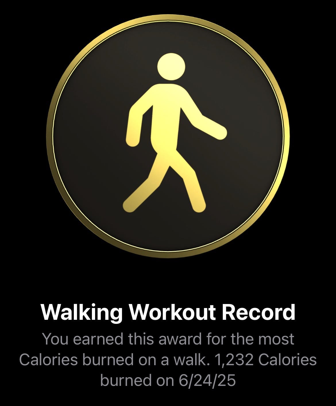 Screenshot of "Walking Workout Record" medal on Apple Fitness