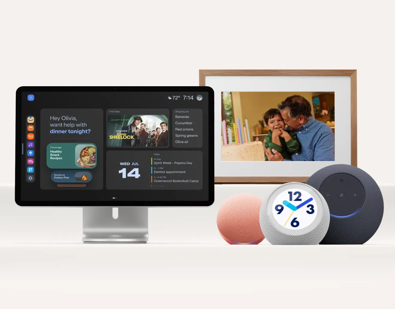 The Echo Show 16, Alexa Photo Frame, Echo Dot, Echo Time and Echo Studio with Home Camera. The Echo Show 16, Alexa Photo Frame, Echo Dot, Echo Time and Echo Studio with Home Camera.