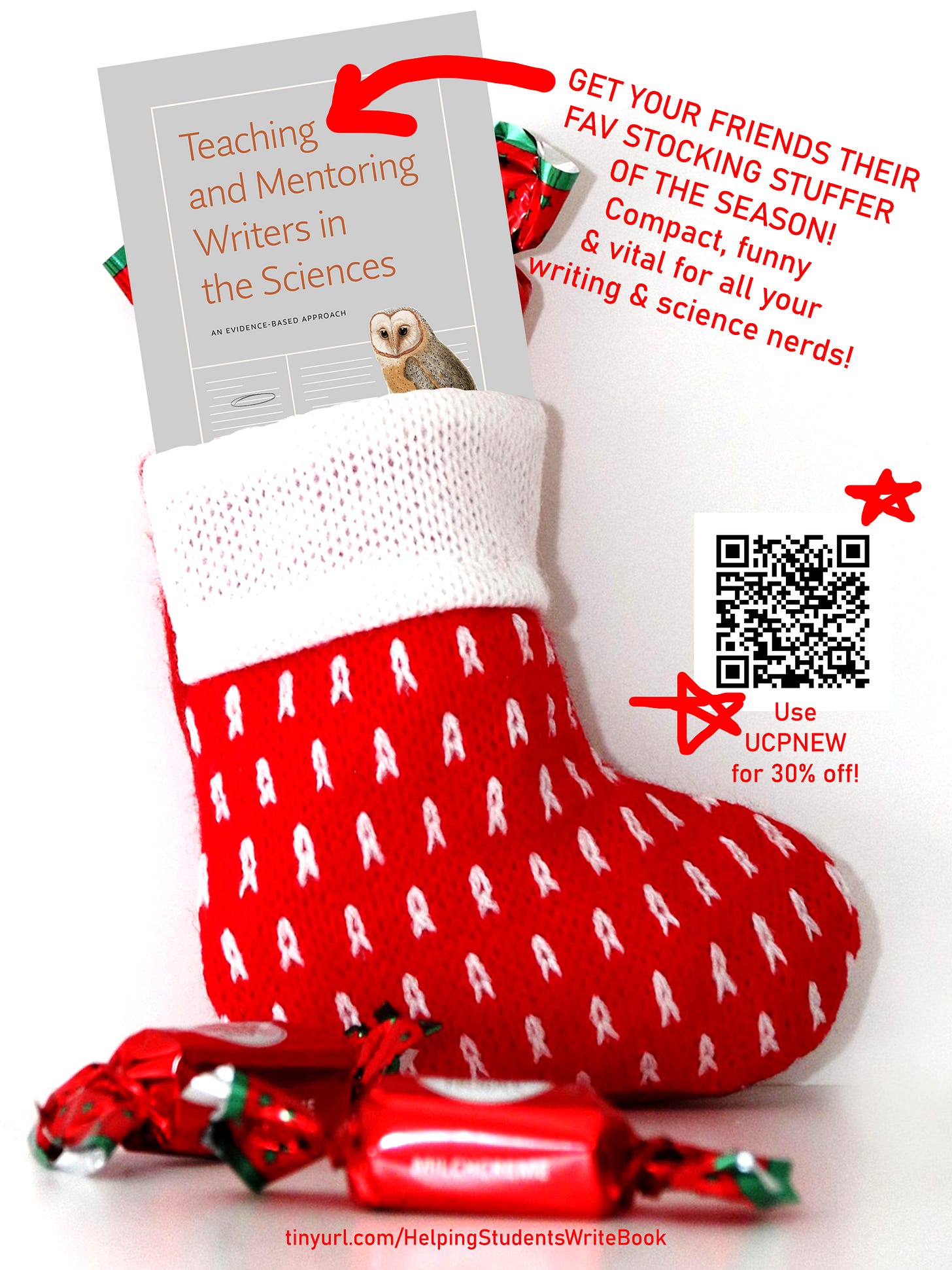A red Christmas stocking filled with red, foil wrapped candy is also stuffed with a copy of our new book!
