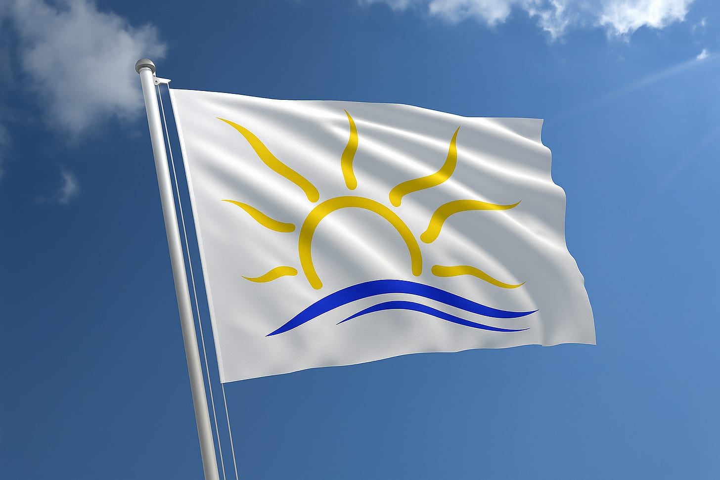 A white flag with the Naturist Symbol—featuring a yellow stylized sun and blue waves—flutters against a bright blue sky with scattered clouds. The flag is mounted on a silver pole and appears to be gently waving in the wind.