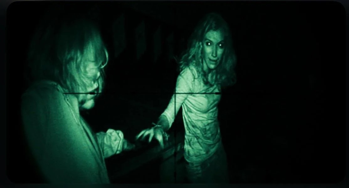 A night-vision close-up of characters navigating through darkness in 28 Weeks Later.