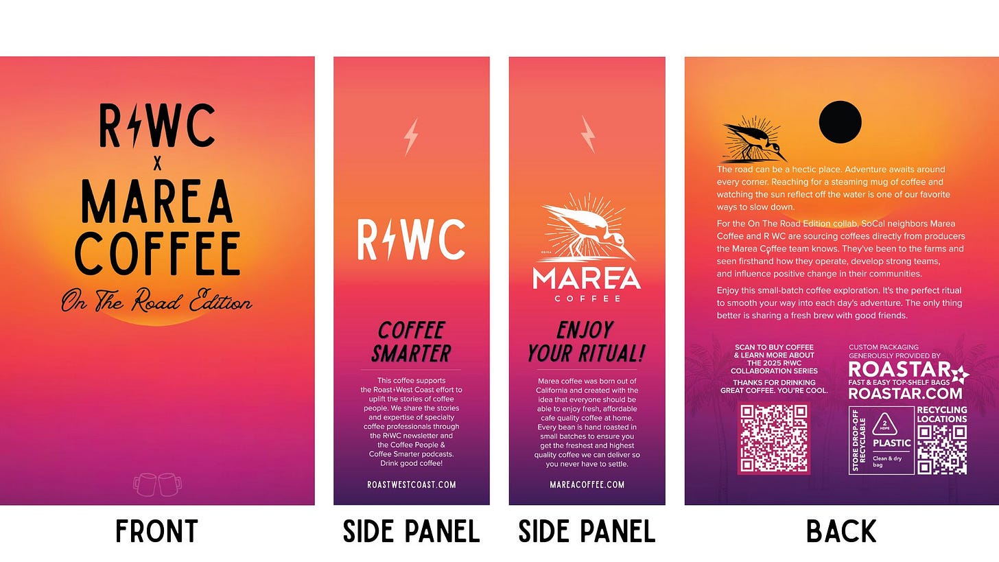A 4-part collage showing the front, side panels, and back of a coffee package that features a sunset gradient through out from purple at the bottom fading up through pink, orange, and yellow. Text describes the coffee and links to the brands involved in the coffees production.