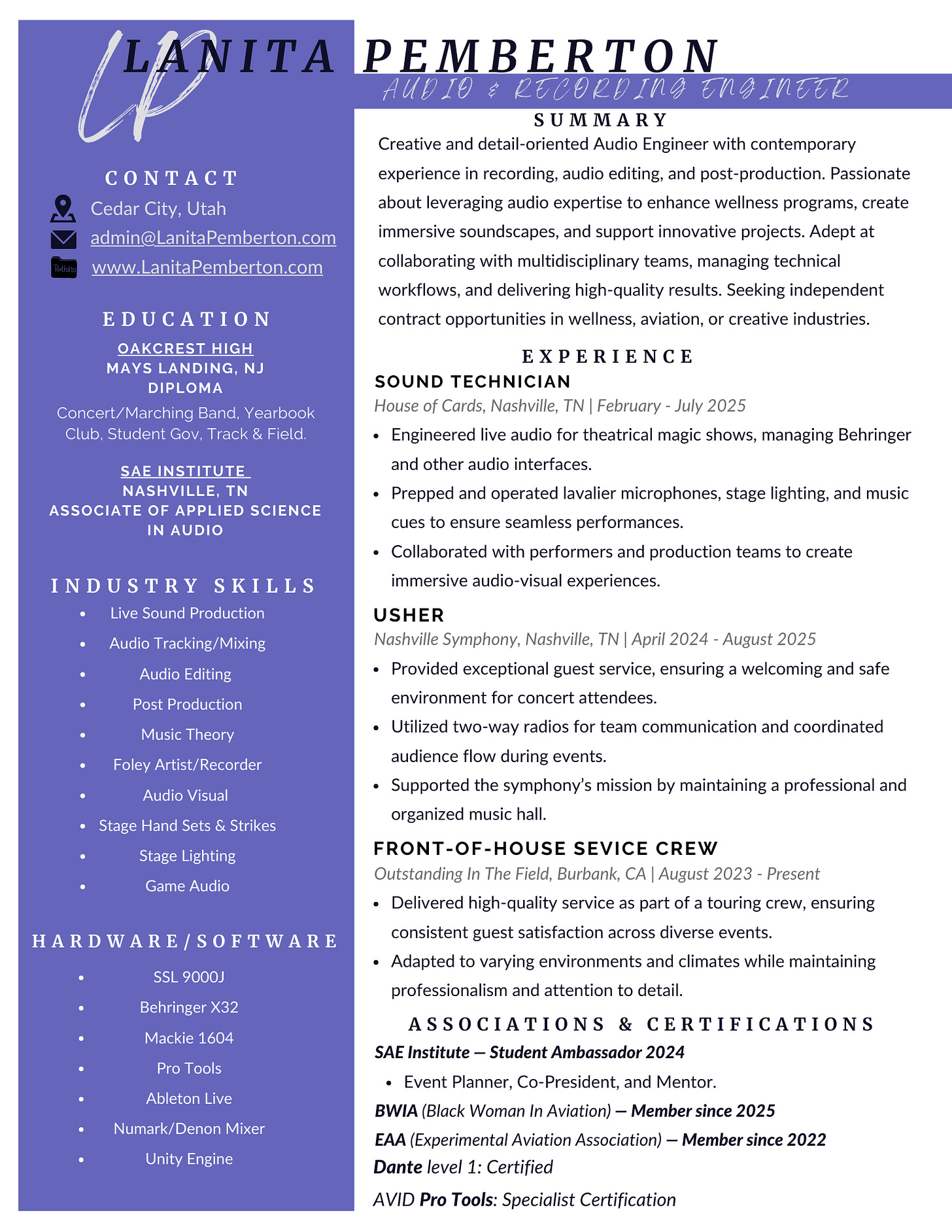 Magenta and white background with resumé text on document: summary, experience, education, skills, certifications and associations.