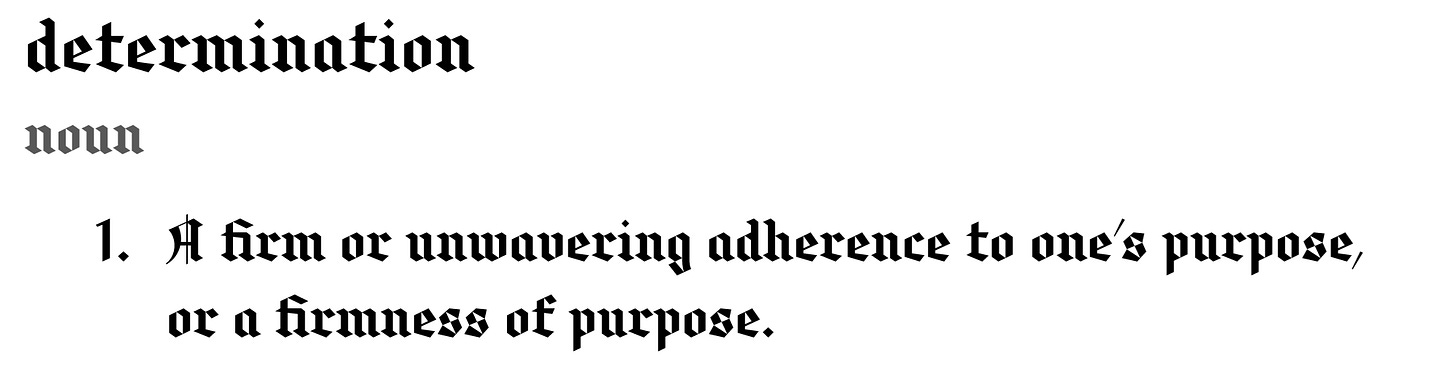 determination (noun): 1. A firm or unwavering adherence to one's purpose, or a firmness of purpose.