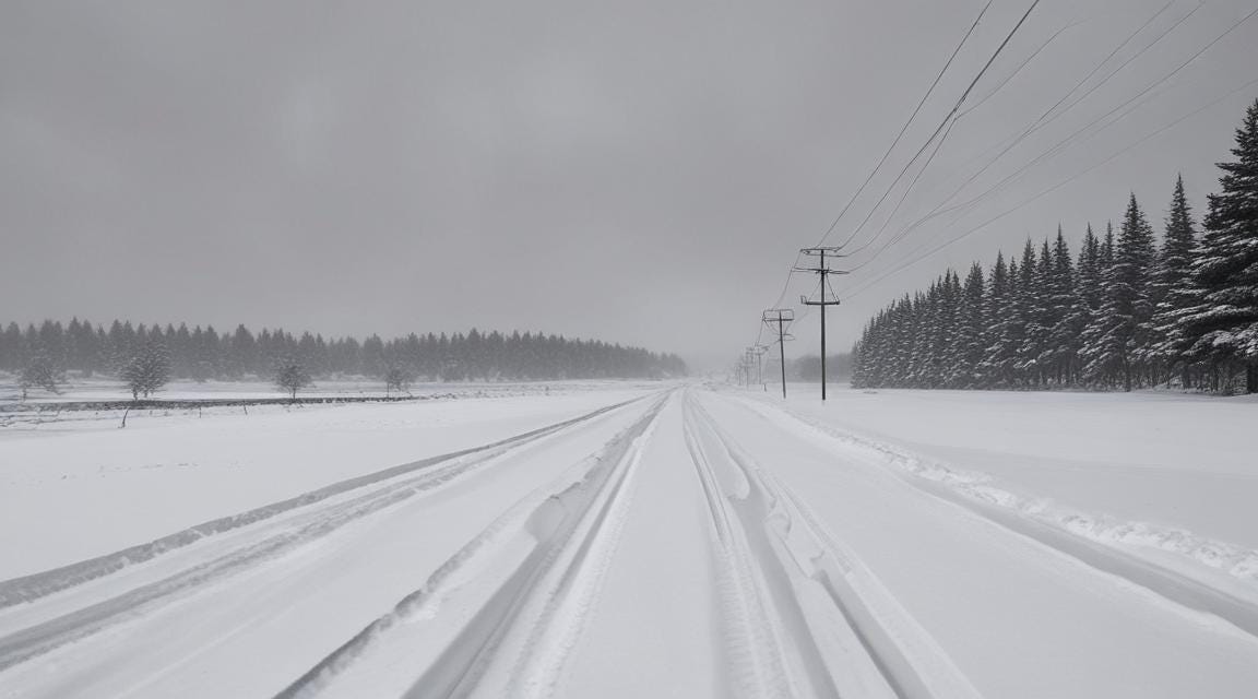 Snowy unplowed road with tire tracks