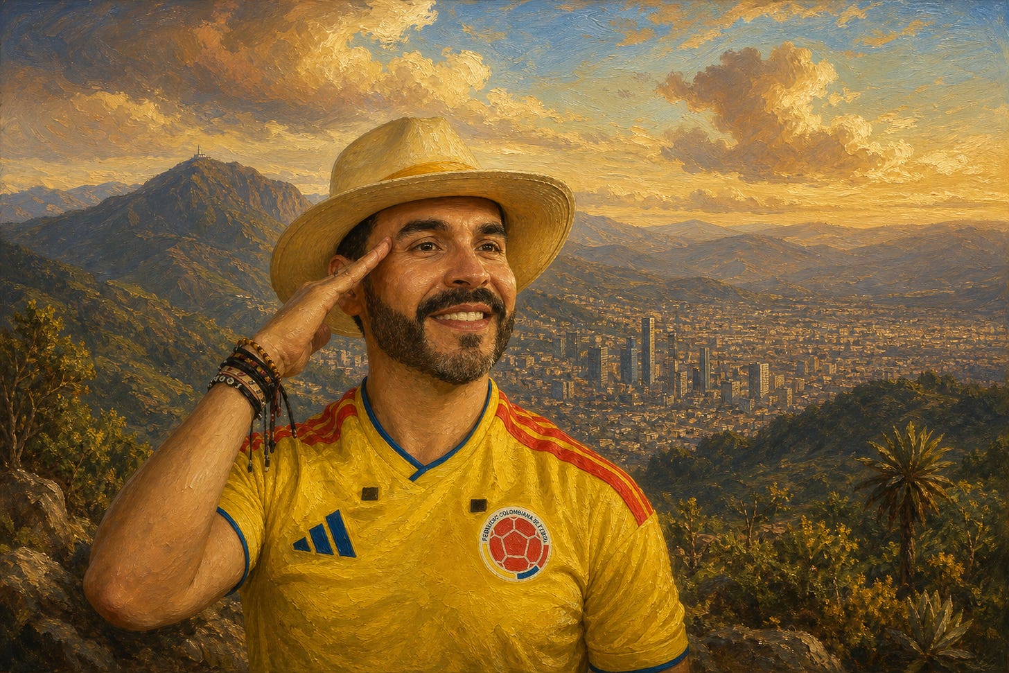 Oil painting of the same man with a Hudson River School style Bogotá landscape background.