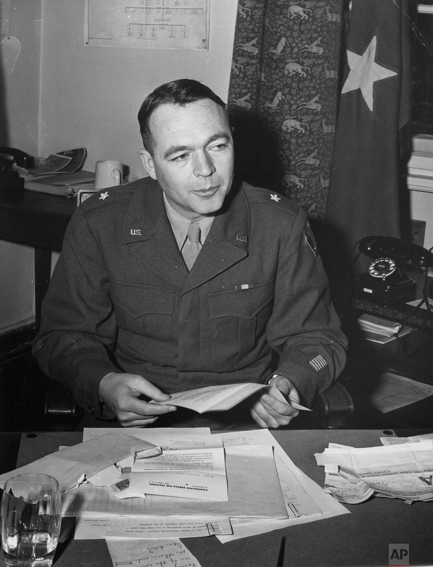 U.S. General Telford Taylor, chief prosecutor for war crimes, in his Nuremberg office on March 5, 1948, leading the charge at the International Military Tribunal.