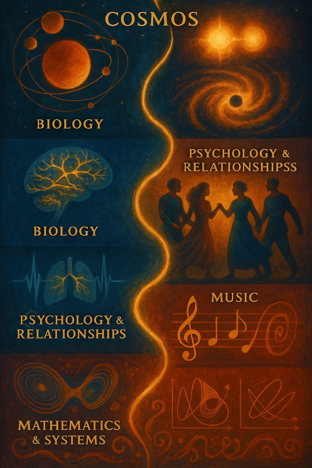 A traditional-style cosmic tapestry uniting multiple scales of reality. At the top, swirling galaxies and a black hole illustrate cosmic resonance. Flowing downward, glowing neural networks interlace with a human heart and brain, symbolising biology and psychology. On one side, two figures in conversation and a trio in tension reflect relationship dynamics. Musical notes and waveforms spiral into harmony and dissonance. At the base, mathematical symbols, fractals, and predator–prey silhouettes complete the continuum. All elements are threaded together by a radiant golden loom that runs through every layer, uniting cosmos, life, and mind in one woven field.