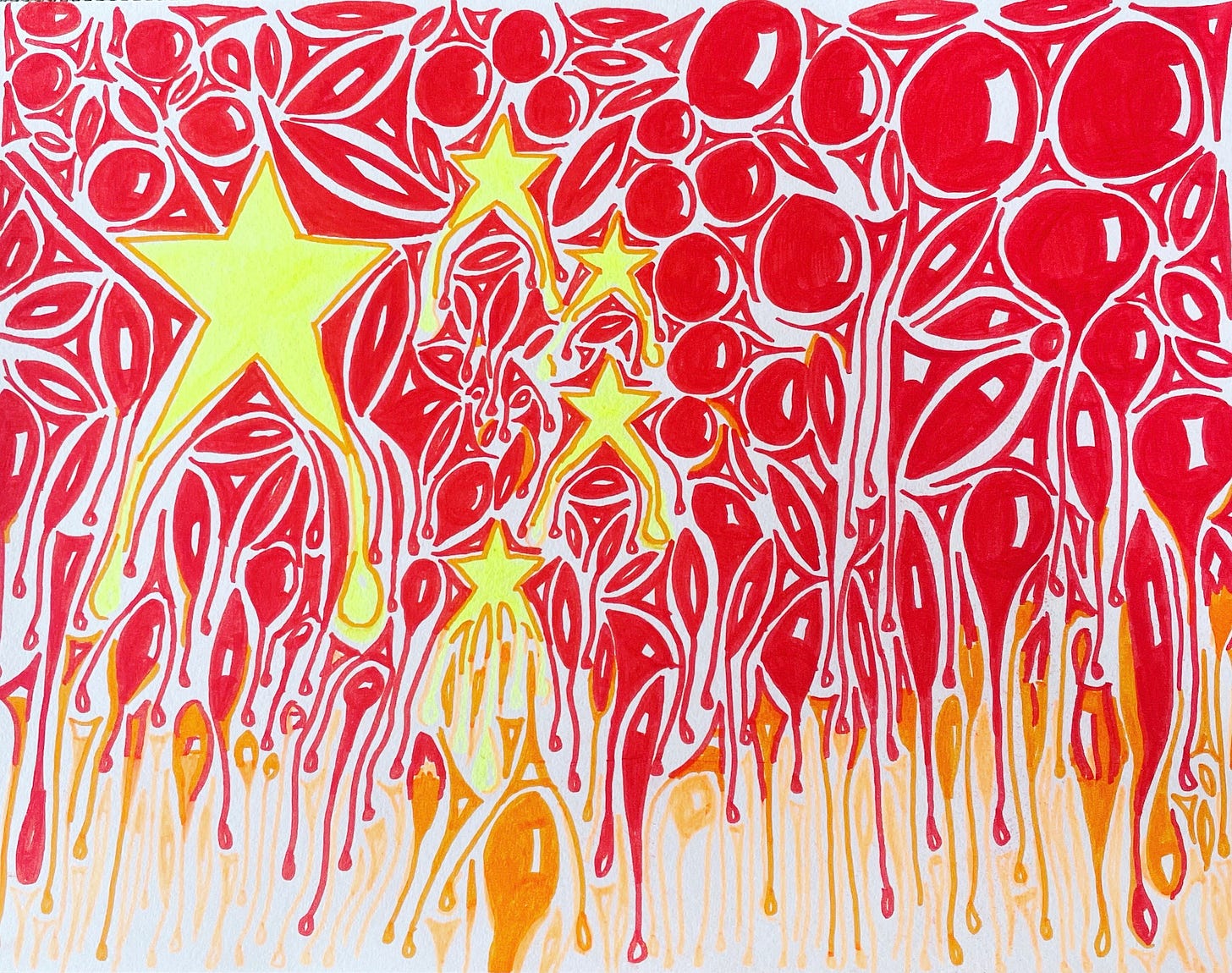 Graffiti art of Chinese flag denoting bubbles and meltdown