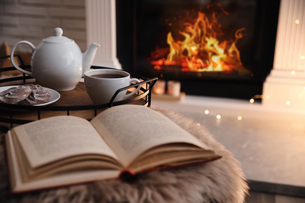 Reading a book and drinking tea by the fire in winter