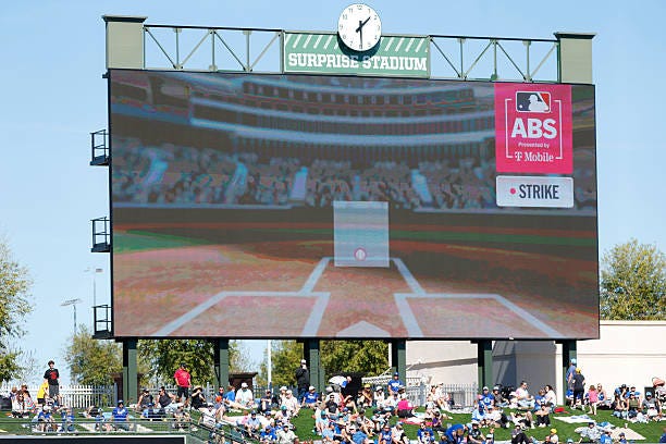 Surprise, AZ The MLB ABS Challenge System is shown on the video board during a game between the San Diego Padres and Kansas City Royals on February...