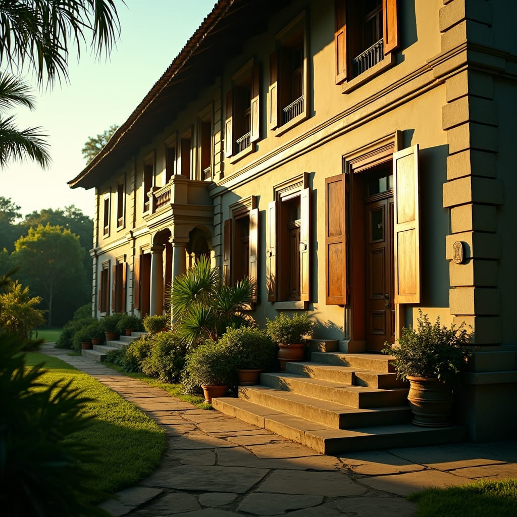 Majestic colonial mansion, Jamaica, late afternoon, warm golden light, cinematic lighting, long shadows, vibrant lush tropical gardens, ornate wooden facade, rustic shutters