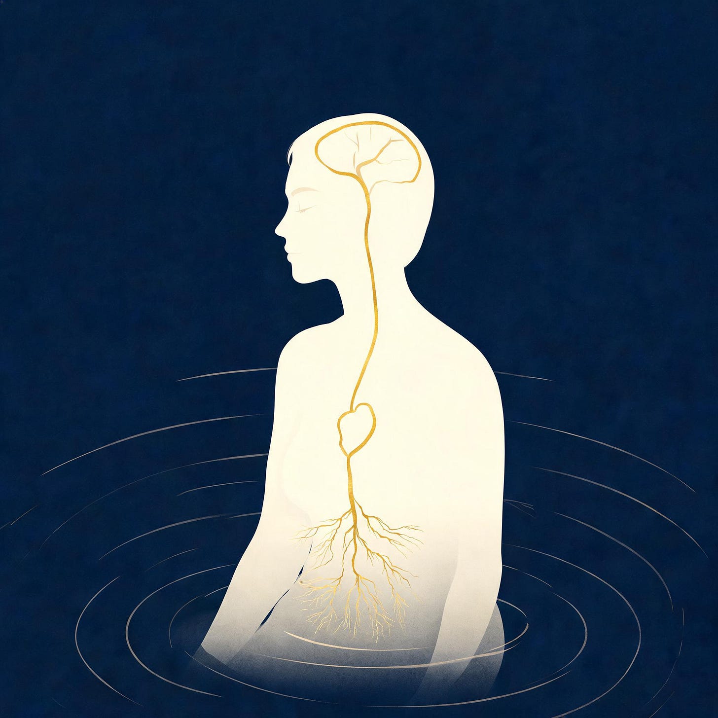 Editorial illustration of a woman's silhouette in quiet profile with a continuous golden thread running from brain to heart to abdomen, fraying into gold fissures at the gut — surrounded by faint concentric ripples suggesting stress and the body under unspoken weight Editorial illustration of a woman's silhouette in quiet profile with a continuous golden thread running from brain to heart to abdomen, fraying into gold fissures at the gut — surrounded by faint concentric ripples suggesting stress and the body under unspoken weight
